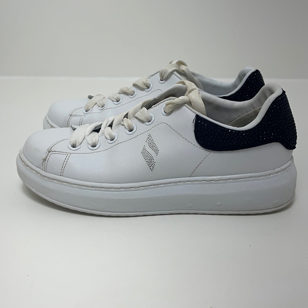 Sketchers Los Angeles street shoes white black rhinestones leather platform 8.5